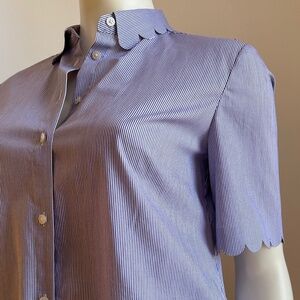 NWT Banana Republic Scalloped Short Sleeve Button Shirt Sz XS Pinstripe Blue $68